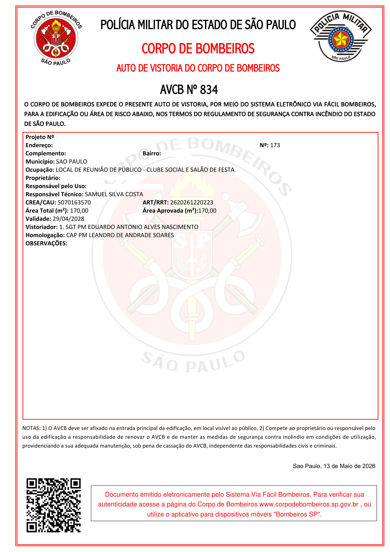AVCB Nº 834 emitido pelo CBMESP — Auto de Vistoria do Corpo de Bombeiros do Estado de São Paulo, com dados sensíveis tarjados conforme LGPD