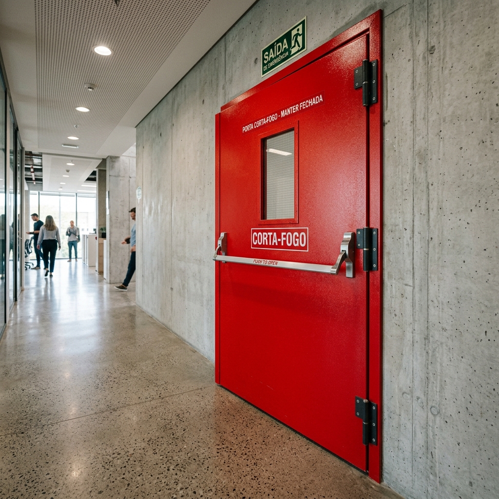 Porta corta-fogo industrial vermelha em rota de fuga