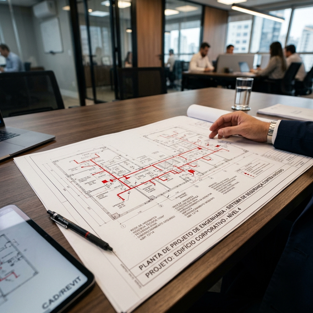 Planta de engenharia de projeto técnico de prevenção a incêndio